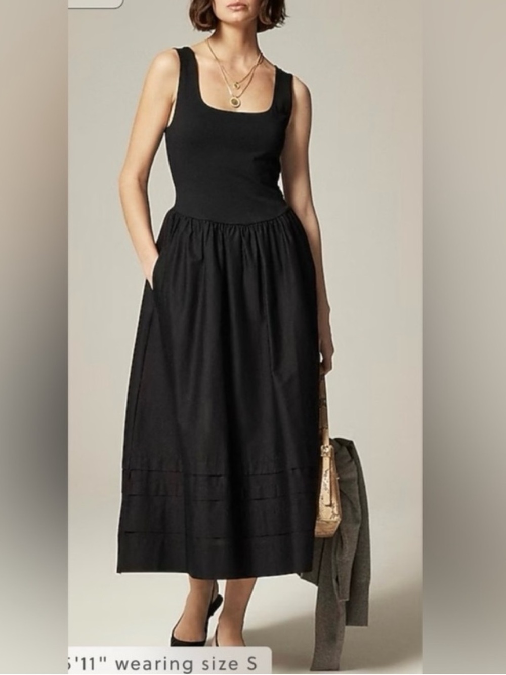 J.Crew Mixed Media Knit & Poplin Midi Dress with Pockets - Black, Size L